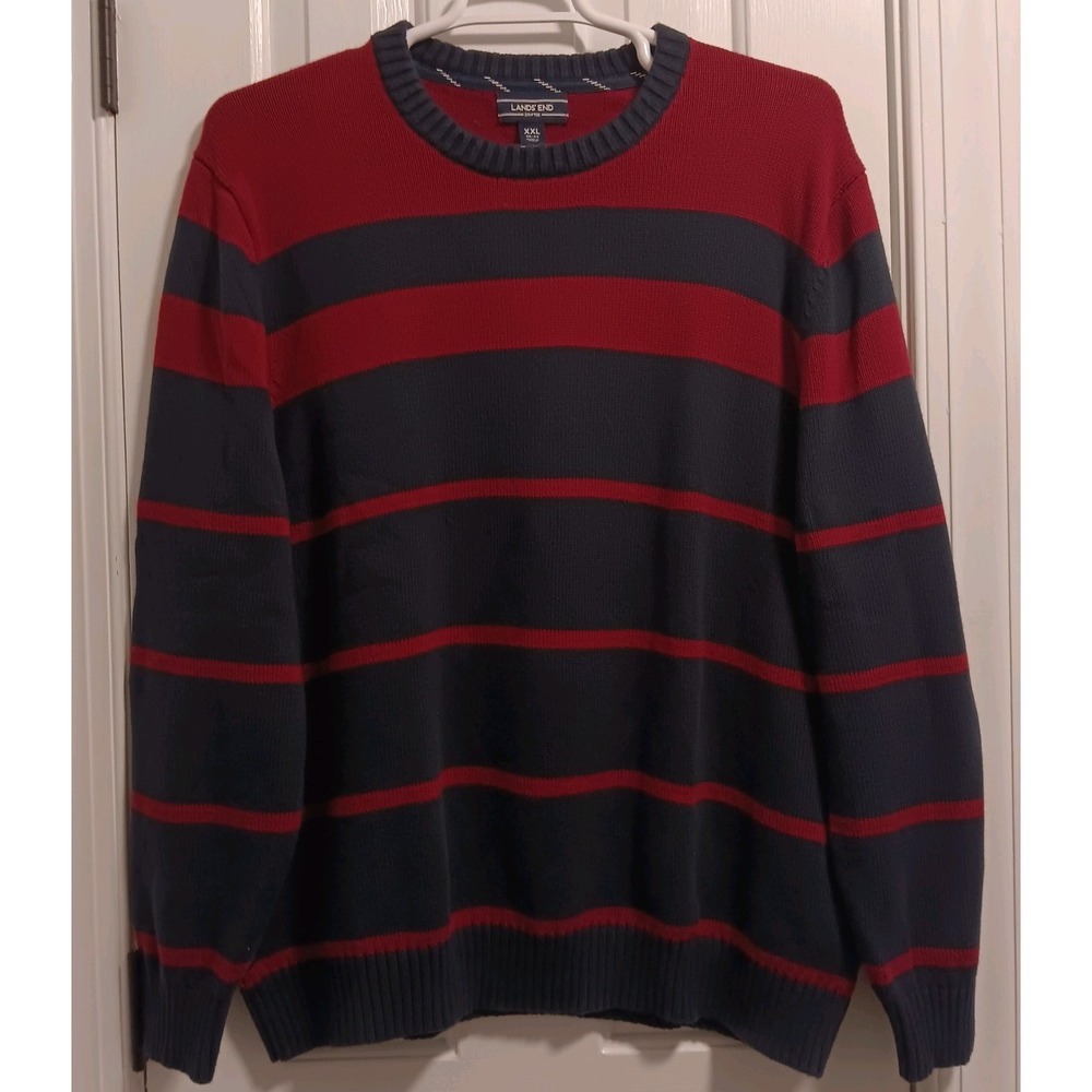Lands End Drifter Mens Sweater Red Navy Blue Striped Crewneck XXL 50-52 Cotton